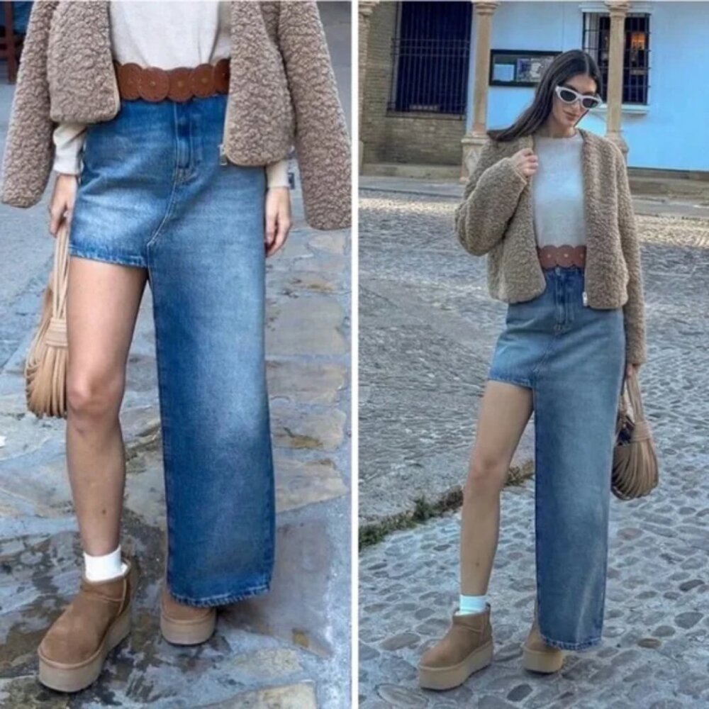 Zara Asymmetric Denim High Waisted Skirt